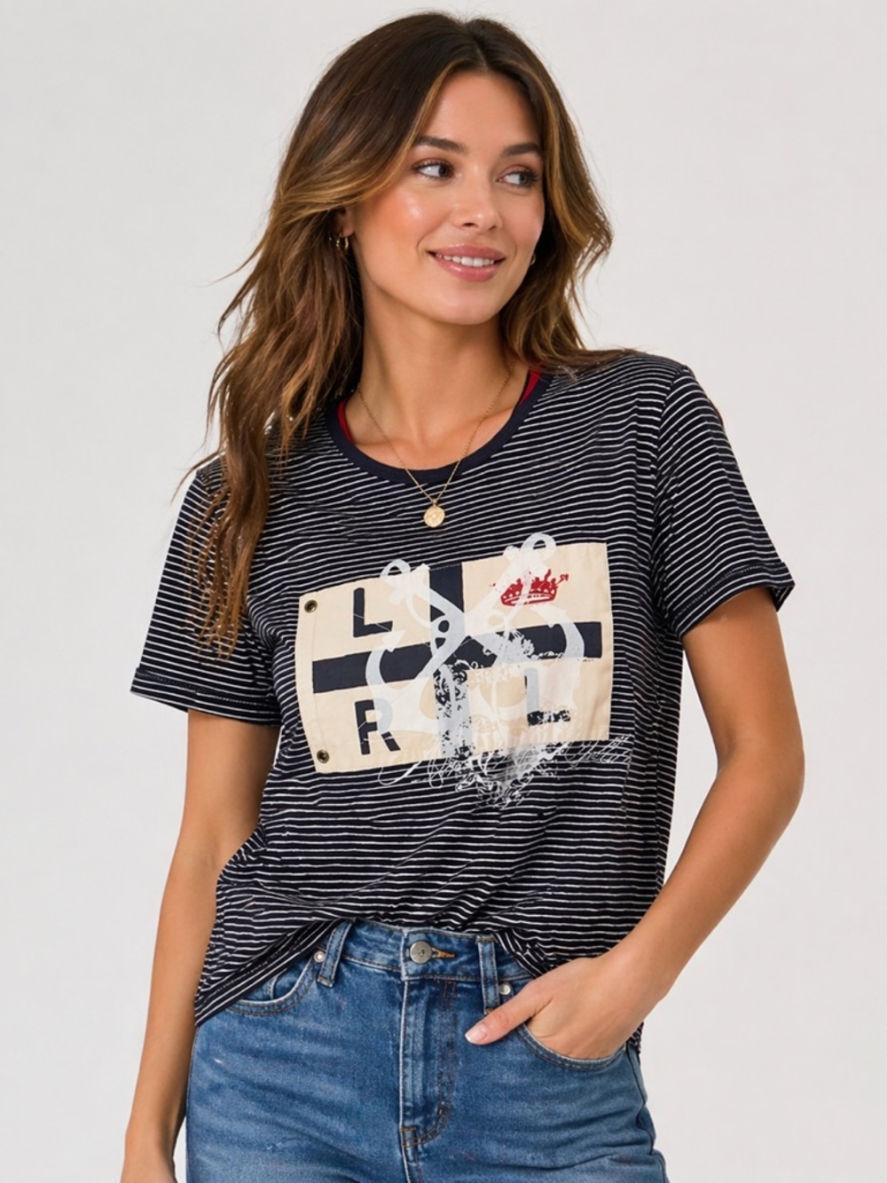 Lauren Ralph Lauren Striped Graphic Tee Navy White Logo Patch T Shirt M